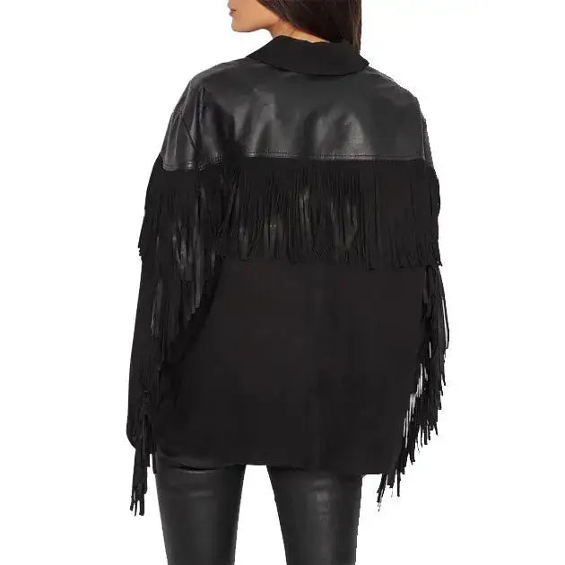 Women’s Suede Fringe Jacket with Leather Shoulders – Western Cowgirl Shirt-1