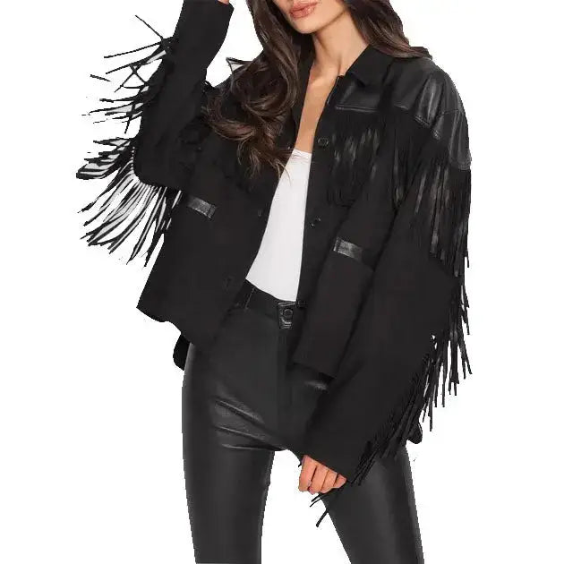 Women’s Suede Fringe Jacket with Leather Shoulders – Western Cowgirl Shirt-0