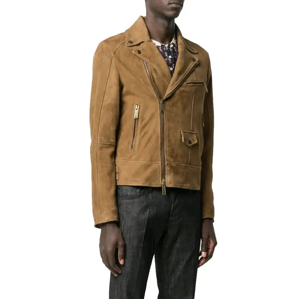 Men’s Tan Brown Suede Leather Biker Jacket-0