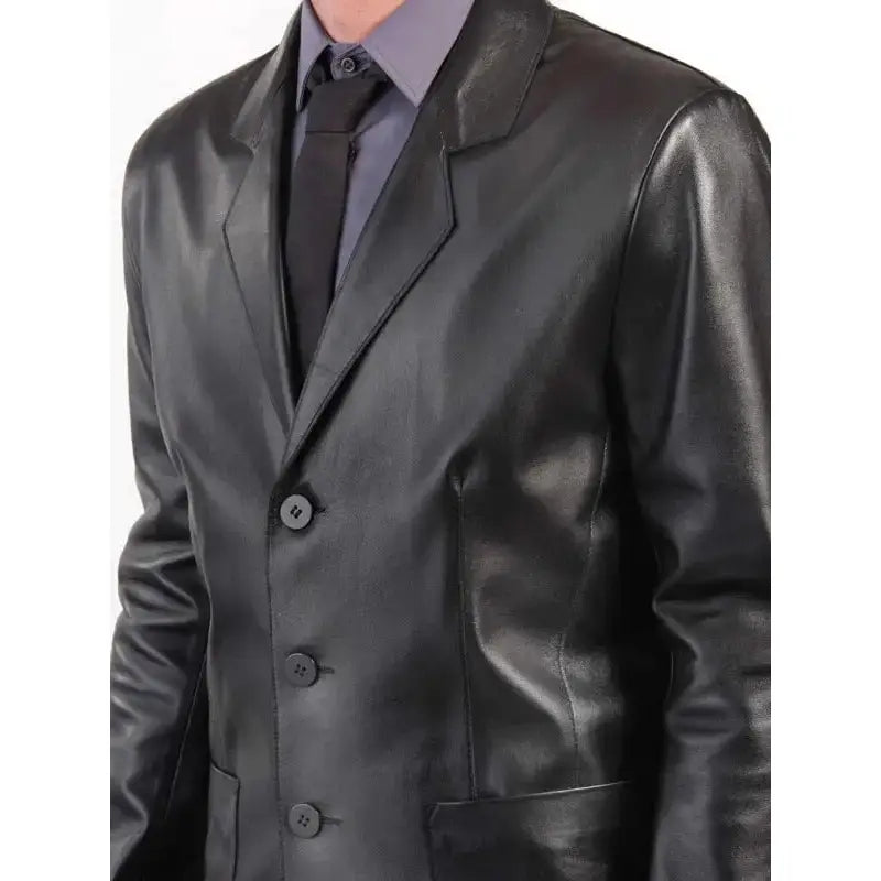 Men’s Black Leather Blazer Coat-2