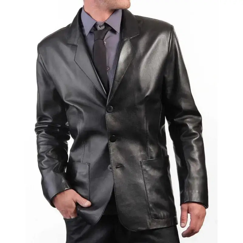 Men’s Black Leather Blazer Coat-0