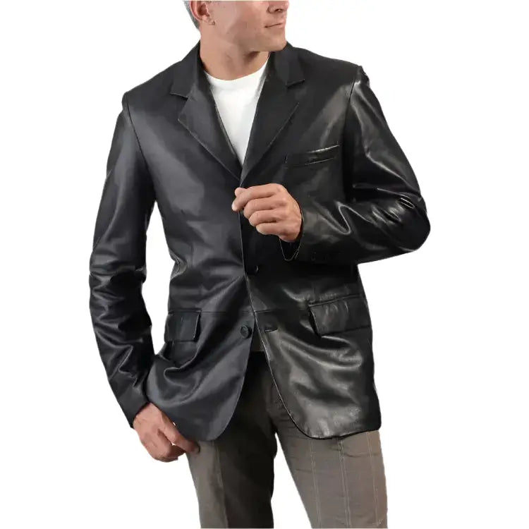 Mens Trendy Black Leather Blazer-0