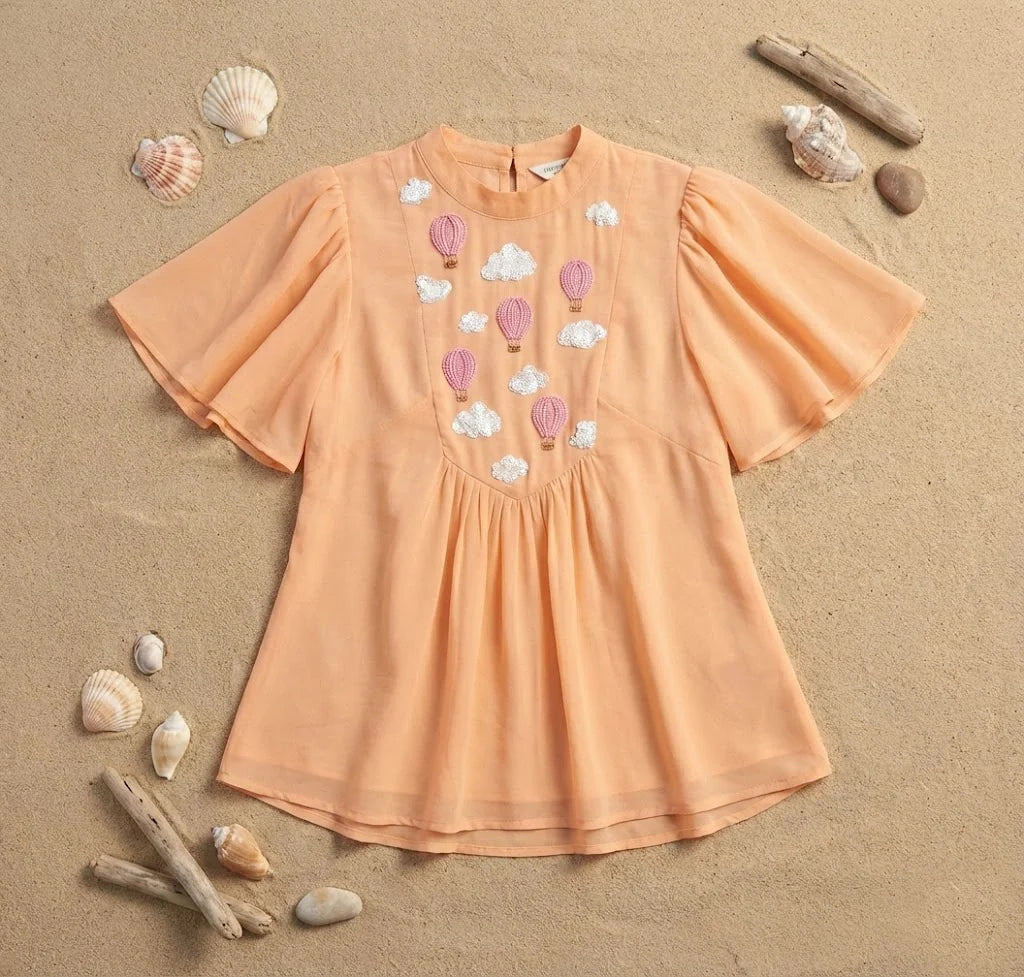 Hot Air Balloon Embroidered Frill Top in Georgette-3