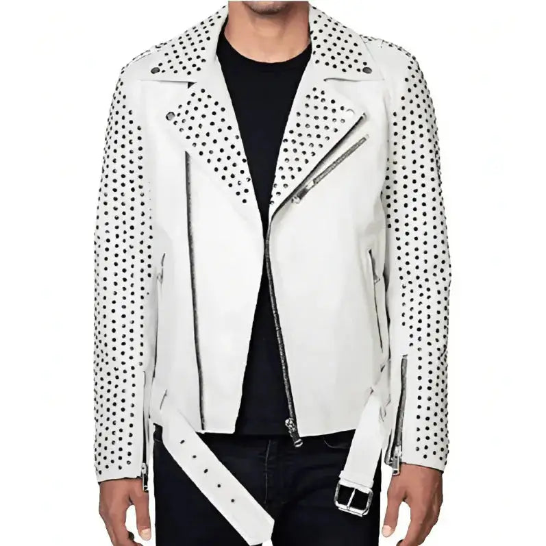 Men’s White Studded Leather Jacket-0