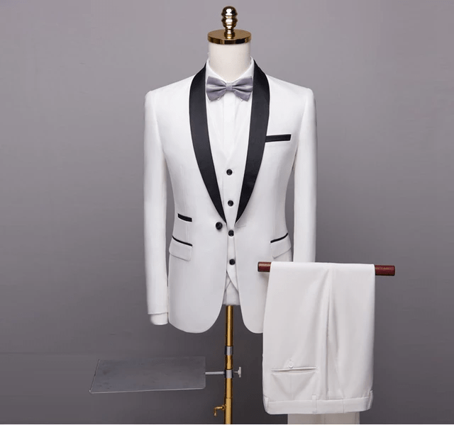 White men's 3 piece wedding tuxedo suit with black satin collar piping-1