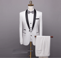 White men's 3 piece wedding tuxedo suit with black satin collar piping-1