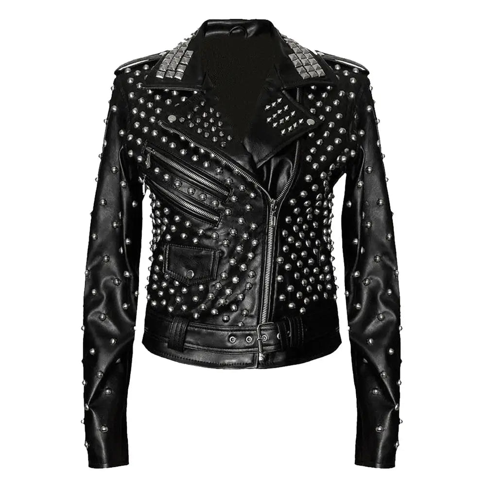 Women’s Black Studded Brando Leather Jacket-0