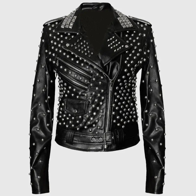 Women’s Black Studded Brando Leather Jacket-2