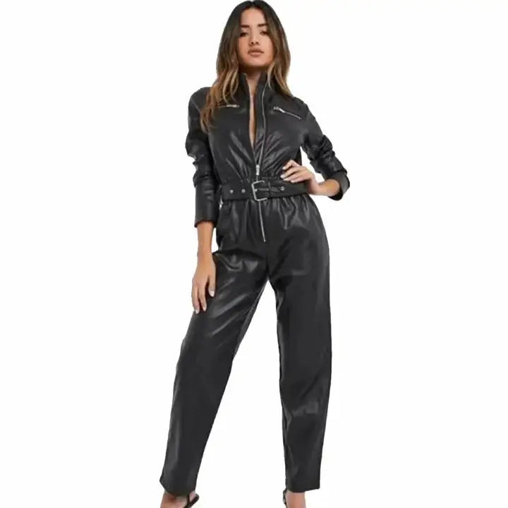 Women’s Black Sheepskin Leather Jumpsuit-0
