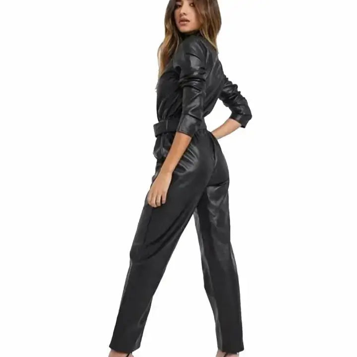 Women’s Black Sheepskin Leather Jumpsuit-1