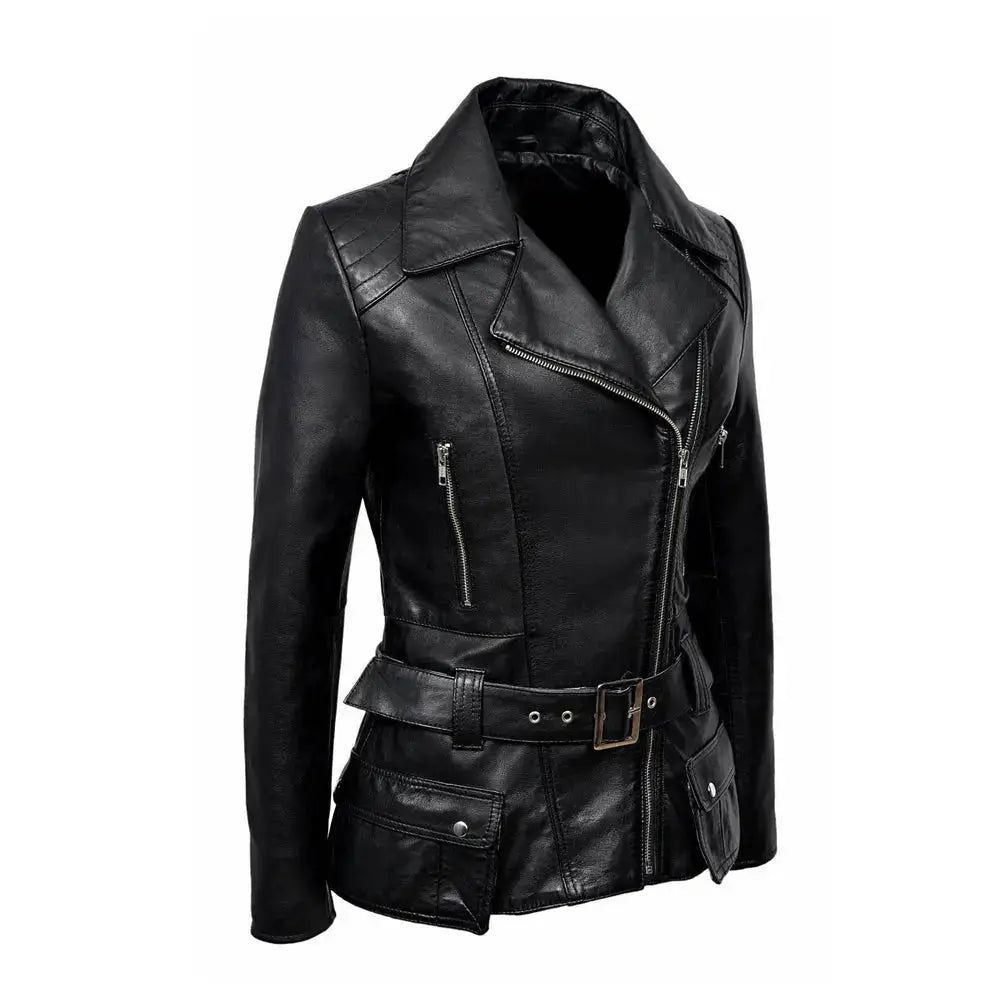 Women’s Feminine Retro Vintage Biker Leather Jacket-0