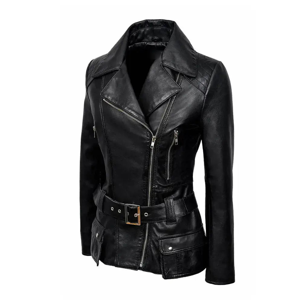 Women’s Feminine Retro Vintage Biker Leather Jacket-4
