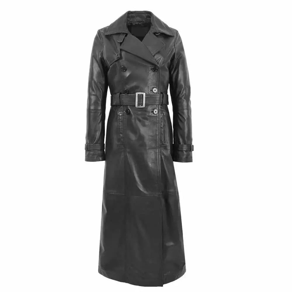 Women’s Double Breasted Leather Trench Coat-0
