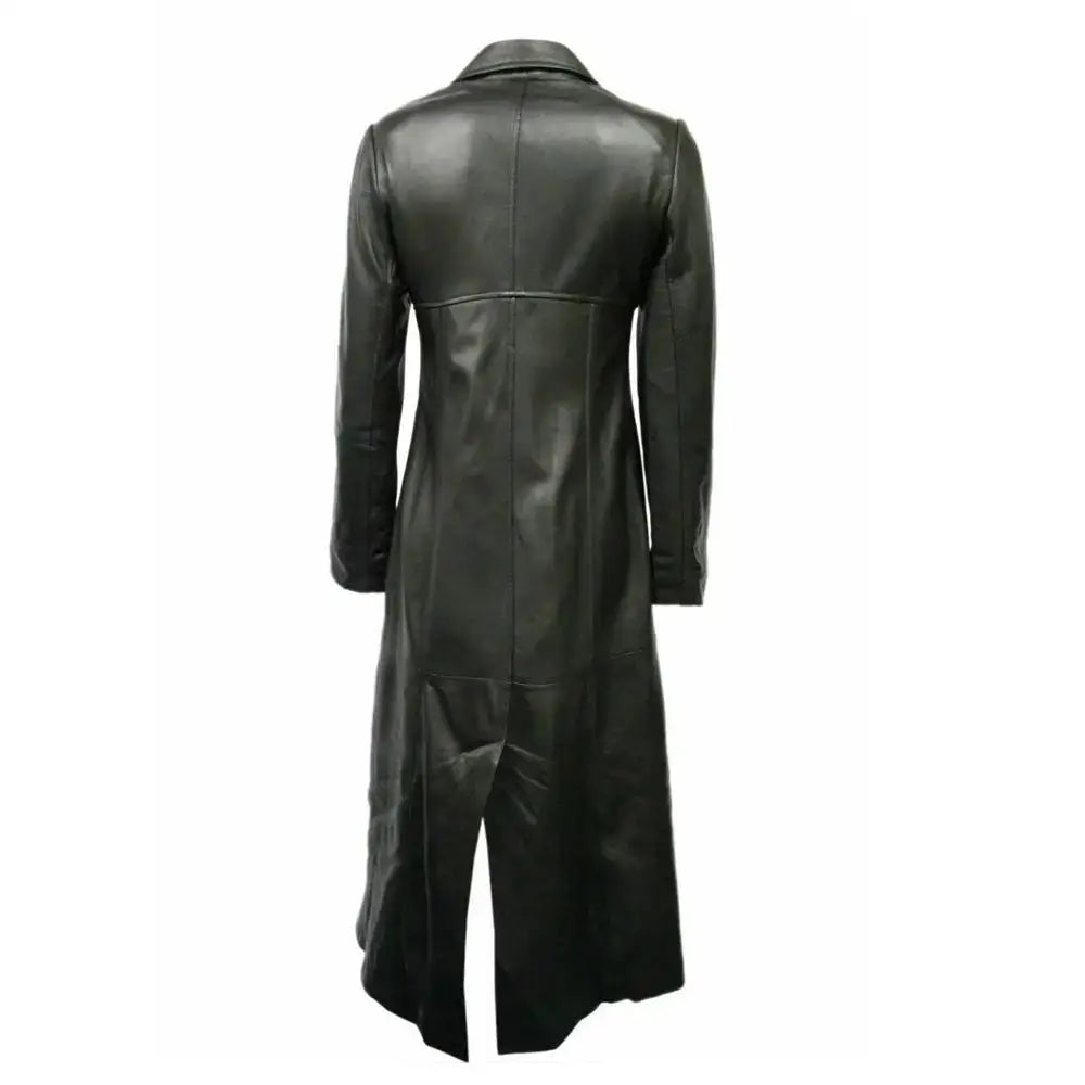 Women’s Genuine Black Leather Long Trench Overcoat-1