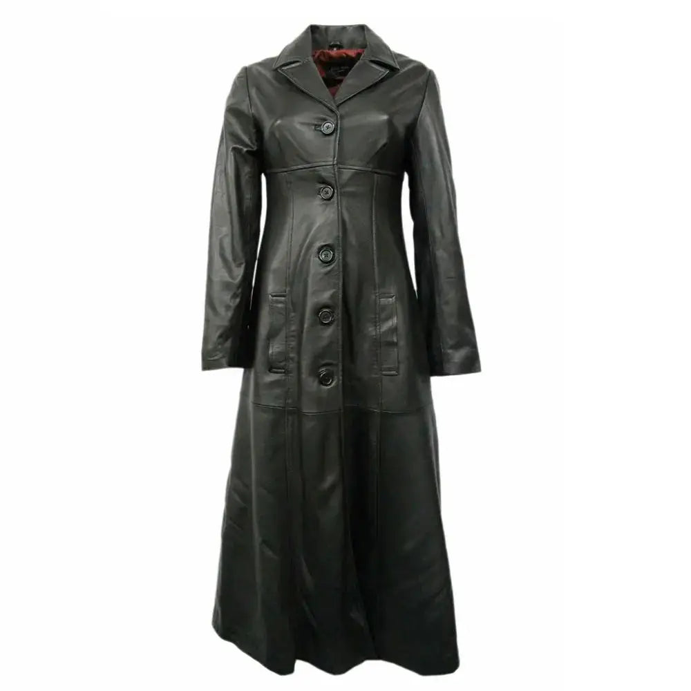 Women’s Genuine Black Leather Long Trench Overcoat-0