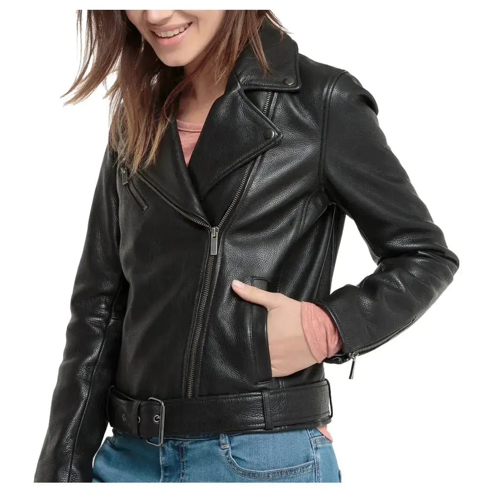 Women’s Black Leather Biker Jacket-0