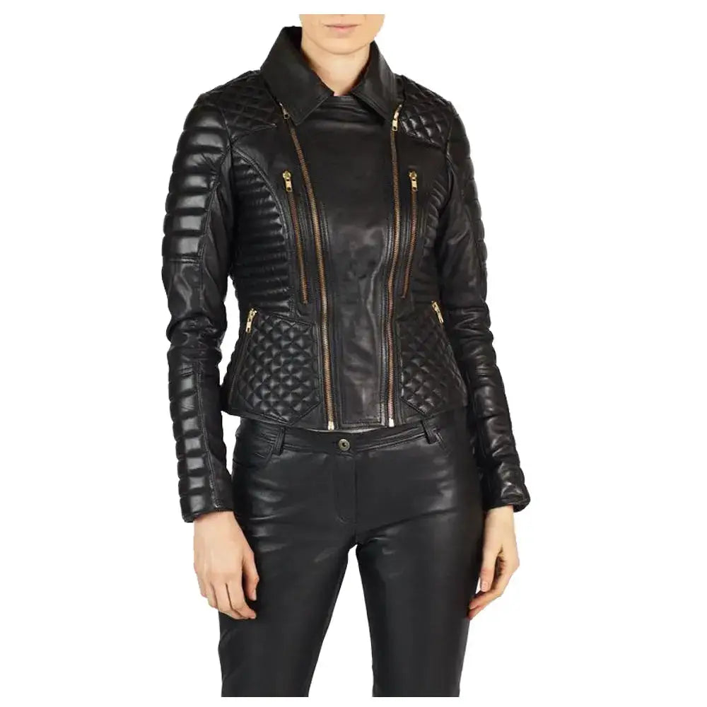 Women’s Motorcycle Biker Leather Jacket with Gold Zipper-0