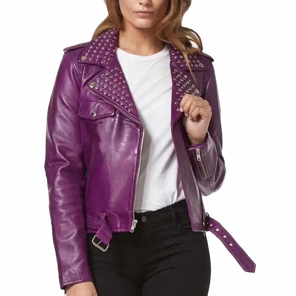 Women’s Purple Leather Studded Biker Fashion Jacket-1
