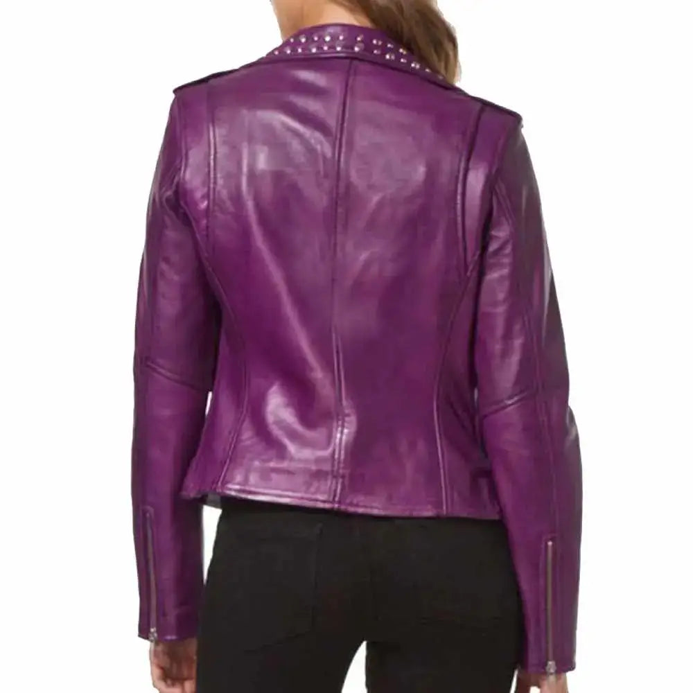 Women’s Purple Leather Studded Biker Fashion Jacket-2