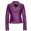 Women’s Purple Leather Studded Biker Fashion Jacket-0