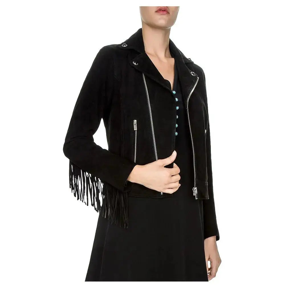Women’s Suede Leather Fringe Biker Jacket-1