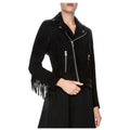 Women’s Suede Leather Fringe Biker Jacket-0
