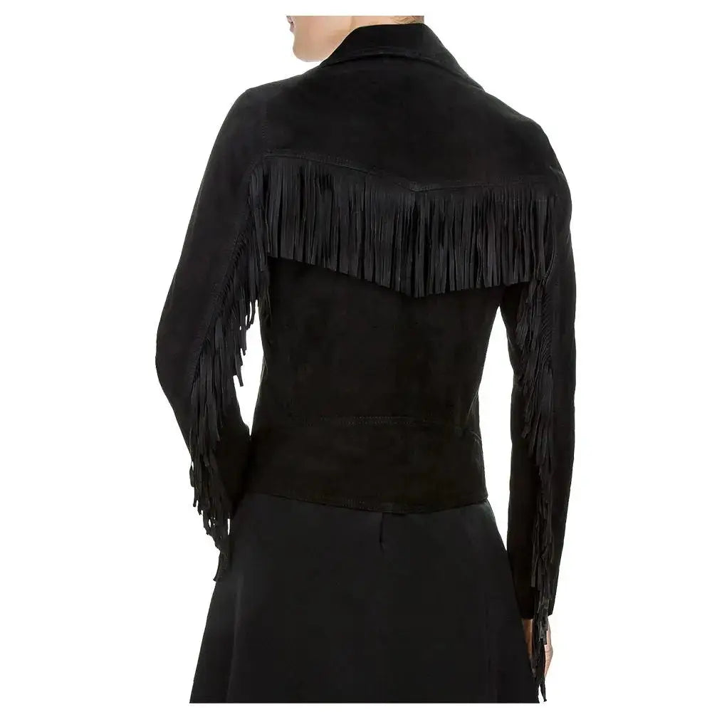 Women’s Suede Leather Fringe Biker Jacket-2
