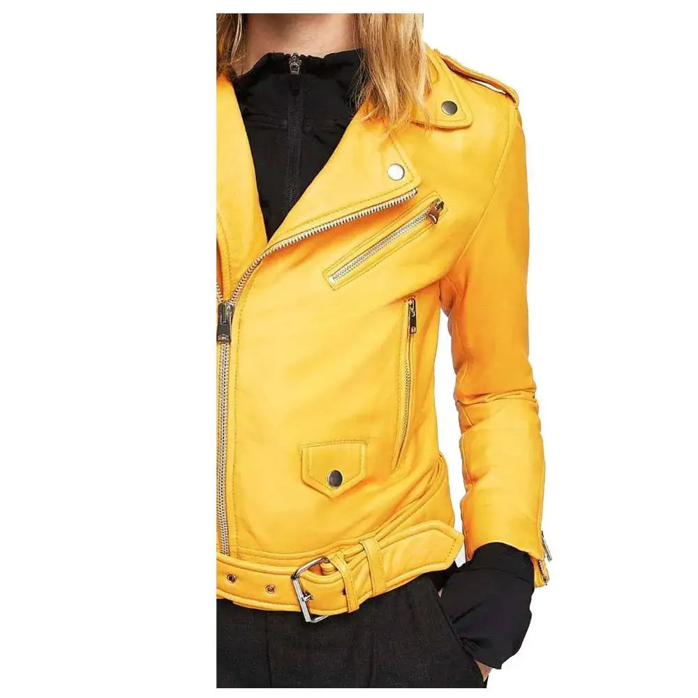 Women’s Mango Yellow Slim Fit Motorcycle Leather Jacket-1