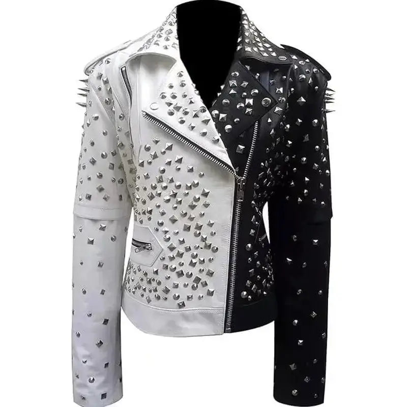 Women’s Black & White Silver Studded Biker Jacket Leather-0
