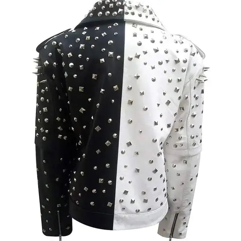 Women’s Black & White Silver Studded Biker Jacket Leather-3