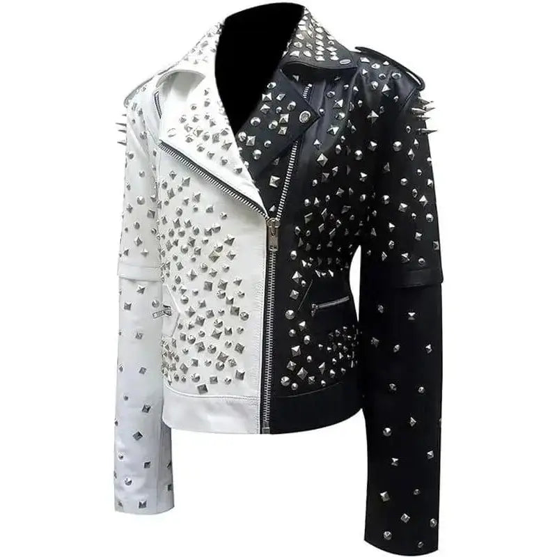 Women’s Black & White Silver Studded Biker Jacket Leather-1