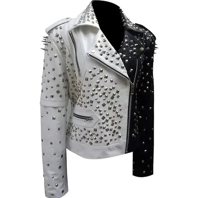 Women’s Black & White Silver Studded Biker Jacket Leather-2