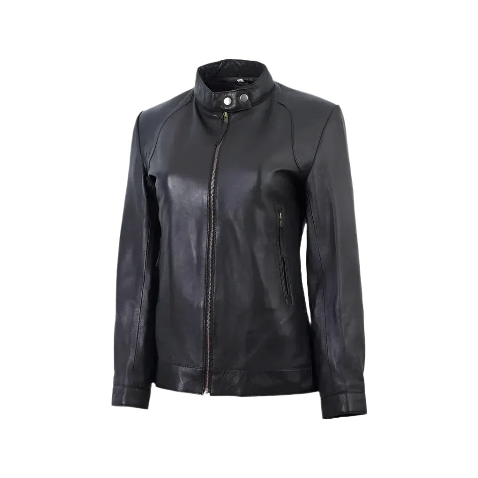 Women’s Black Band Collar Biker Leather Jacket-0