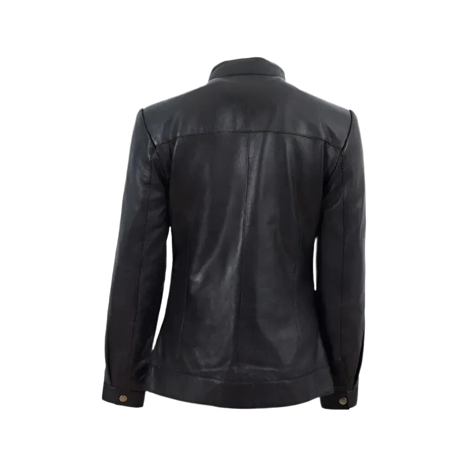 Women’s Black Band Collar Biker Leather Jacket-1
