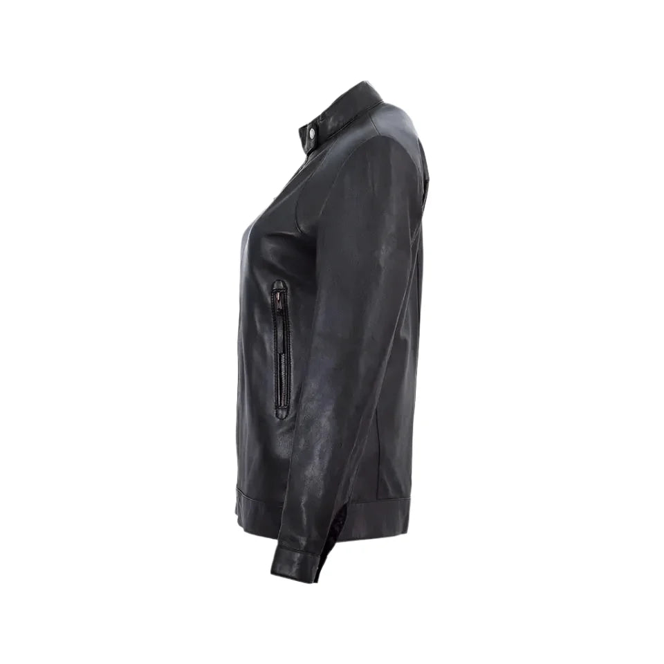 Women’s Black Band Collar Biker Leather Jacket-2