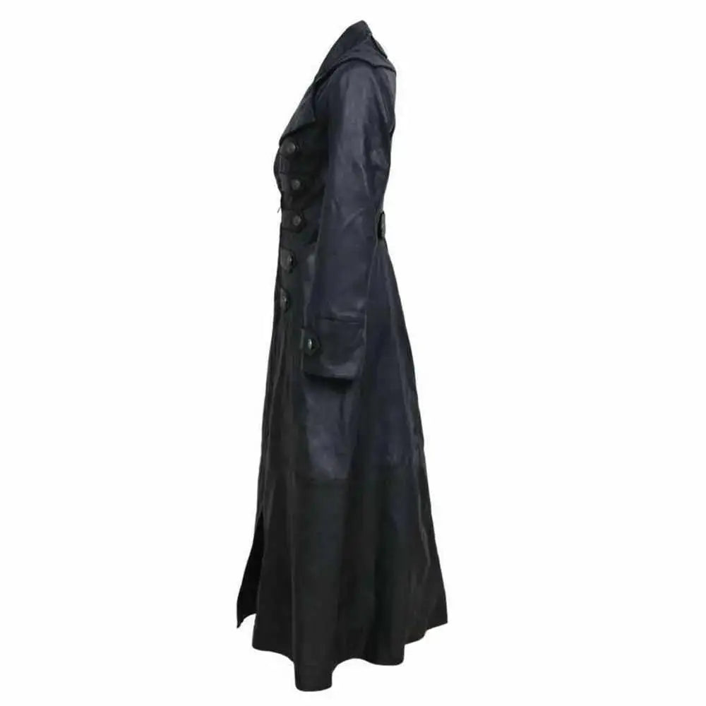 Women's Black Leather Military Trench Coat-2