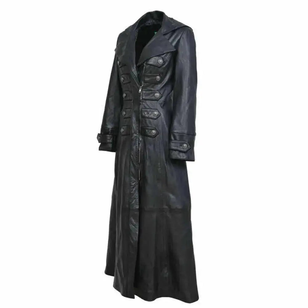 Women's Black Leather Military Trench Coat-1