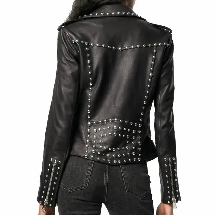 Women's Black Studded Leather Brando Jacket-1
