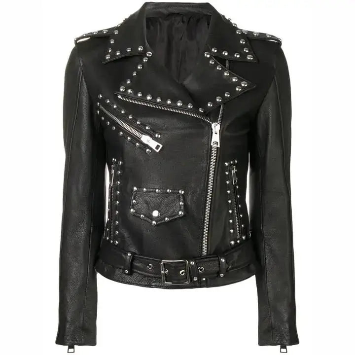Women's Black Studded Leather Brando Jacket-0