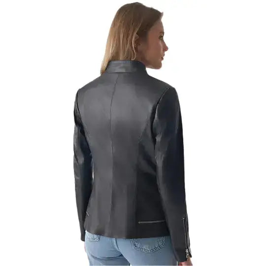 Women’s Black Leather Jacket with Zipper Hem Detail-1
