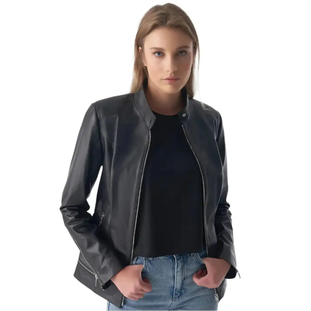 Women’s Black Leather Jacket with Zipper Hem Detail-0