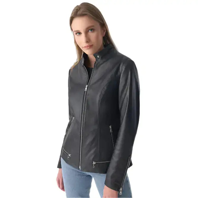 Women’s Black Leather Jacket with Zipper Hem Detail-3