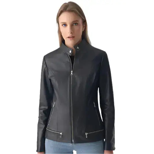 Women’s Black Leather Jacket with Zipper Hem Detail-2