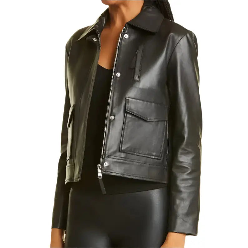 Women’s Black Motorcycle Jacket - Leather Style-2