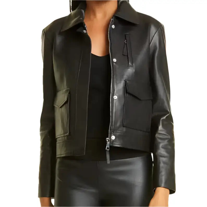 Women’s Black Motorcycle Jacket - Leather Style-0
