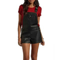 Women’s Black Faux Leather Overall Romper Leather Jumpsuit-0