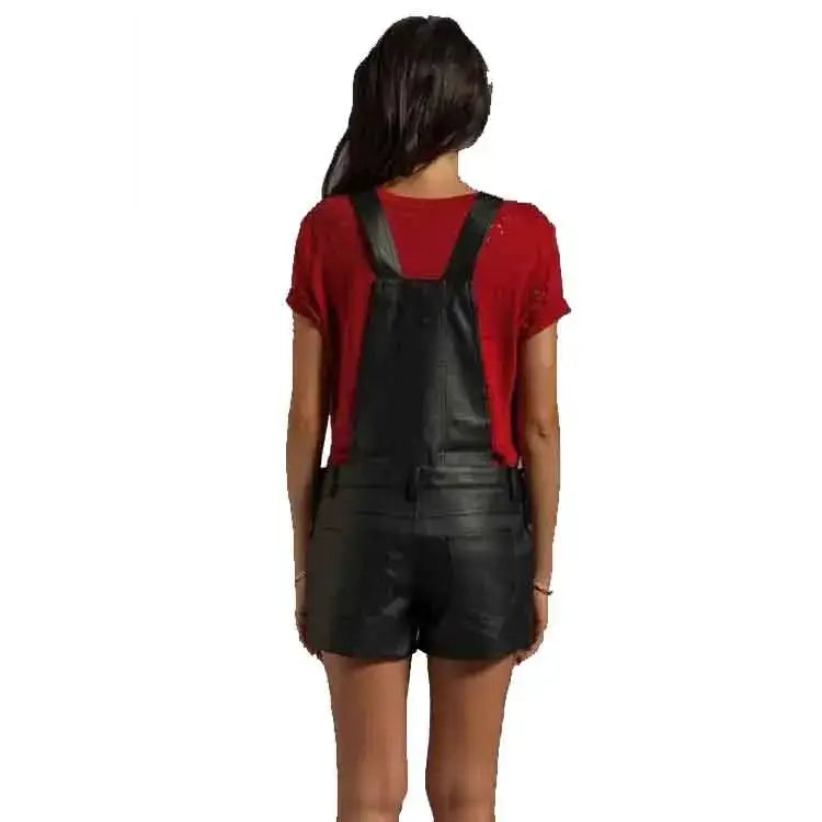 Women’s Black Faux Leather Overall Romper Leather Jumpsuit-1