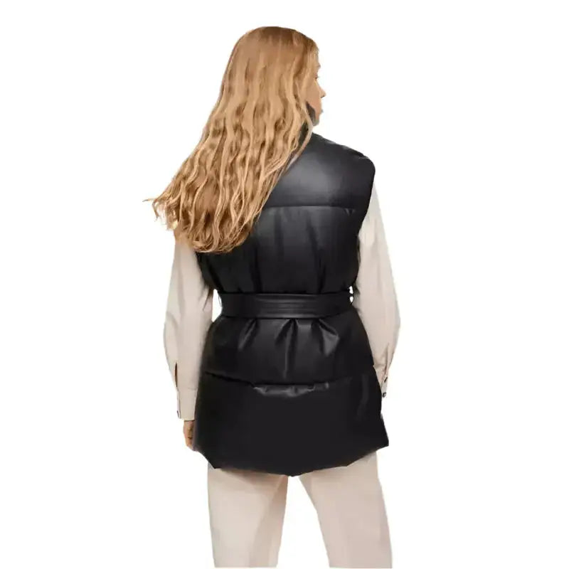 Women’s Black Leather Puffer Vest-1
