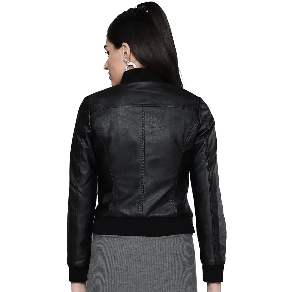 Women’s Black Solid Bomber Leather Jacket – Stylish Fit-2