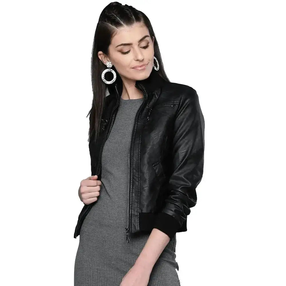 Women’s Black Solid Bomber Leather Jacket – Stylish Fit-0